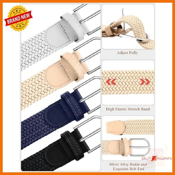4 Pack Woven Braided Stretch Belt Set Adjustable Silver Buckle main image 4